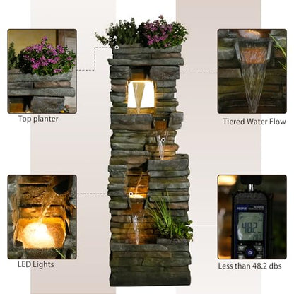 Tankana 60 inches Large Outdoor Water Fountain Waterfall — Garden Rock Fountains 4-Tiered Waterfalls Outdoor with Lights Natural Stone Look Hollow Fountain for Patio Pool Porch Backyard, Stone Gray