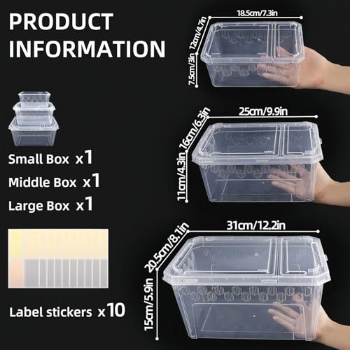 3Pcs Reptile Feeding Box Set, 3-Size Plastic Reptile Critter Keeper with Tags, for Isopods Snails Sling Geckos Frog Spiders Turtles Scorpion Serpents Tarantulas and Breeding Worms(Clear)