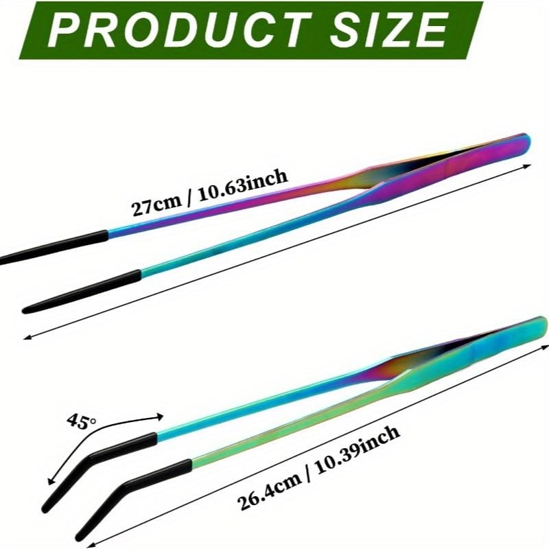 2PCS Long Aquarium Tweezers, 10.6 Inch Stainless Steel Straight & Curved Reptile Feeding Tongs with Soft Rubber Tips, Aquascape Tools for Fish Tank, Terrarium, Bearded Dragon, Lizard & Snake