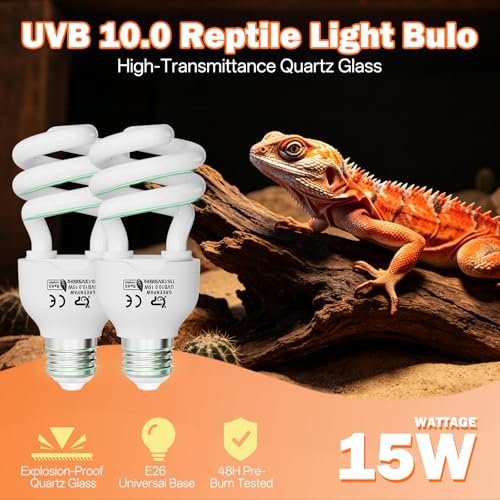 UVB Reptile Light Bulb 10.0: Bearded Dragon 15W Reptile UVB Light 2 Pack, UVA UVB Light for Reptiles Terrarium Compact Fluorescent Lamp, Desert UVB Bulb for Tortoise, Lizard - with UV Sensor Card - size: 5.5INCH-10.0