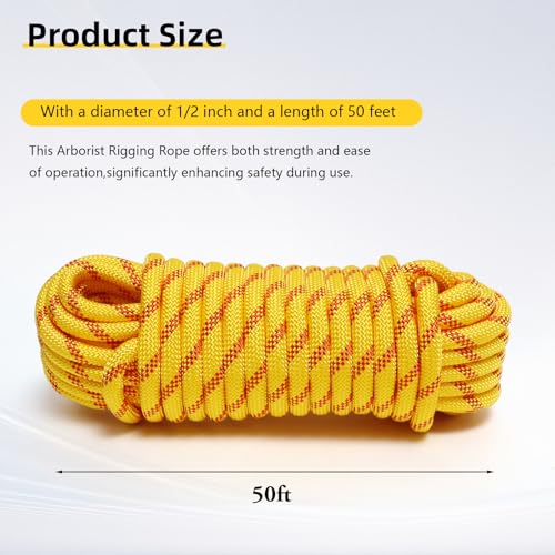 Arborist Rope, 1/2 Inch x 50 Feet Double Braided Climbing Rope Polyester for Outdoor, Climbing, Hiking, Swing, Tree Work, Halyard, Sailing（Yellow） - size: 1/2 Inch 50FT Yellow