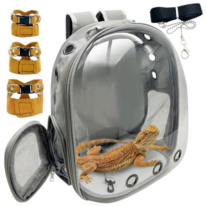 PINVNBY Bearded Dragon Carrier Backpack with Harness and Leash Set Large Reptile Travel Carrier Portable Lizard Backpack Clear Bubble Window Small Animal Carrying Bag for Gecko Kitten Rabbit (Gray) - color: Gray