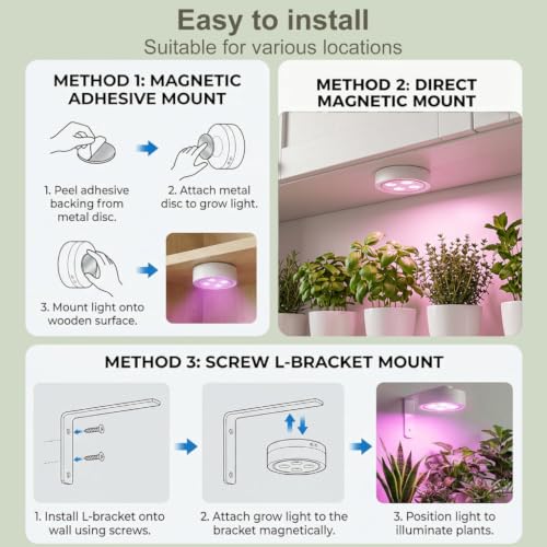 1 Pack Rechargeable Grow Light, Cordless Full Spectrum LED for Indoor Plants, Magnetic Mount, Timer & Remote, USB-C 2000mAh for Shelf, Herbs, Succulents, Seedlings & Greenhouse (Black)