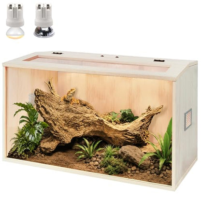 Bearded Dragon Tank,Wooden Reptile Tank and Lizard Tank,Tempered Glass Large Bearded Dragon Enclosure with Built-in Lamp Fixture (24X16X16inch,24 Gallons) - color: Wooden Roof, size: 24X16X16inch,24 Gallons