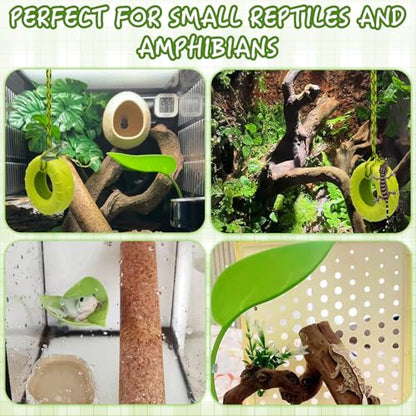 Tree Frog Habitat Toy Plastic Leaf Decorations Tire Swing Habitat Miniature with Suction Cups Frog Habitat Platform Terrarium Decor Accessories for Crested Geckos, Leopard (Green)