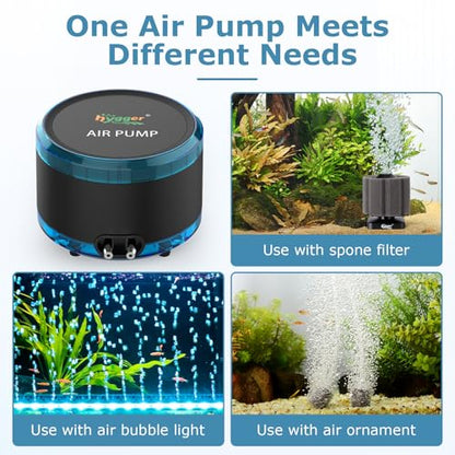 hygger Aquarium Air Pump Dual Outlet, Quiet Powerful Fish Tank Aerator 4W/8W, Adjustable Oxygen Pump with Air Stone, Bubbler for Fish Tank Up to 200 Gallon - size: 8W (Up to 200 Gallon)