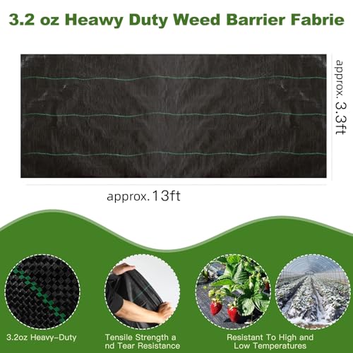 Approx.3.3FT×13FT Weed Barrier Fabric,Landscape Fabric,3.2oz Weed Barrier Fabric Heavy Duty,Weed Control Garden Cloth,Woven Geotextile Fabric for Garden Beds, Underlayment, with 4 U-Securing Pegs - size: 3.3FT×13FT, style: Weed Barrier Fabric+4 U-Securing