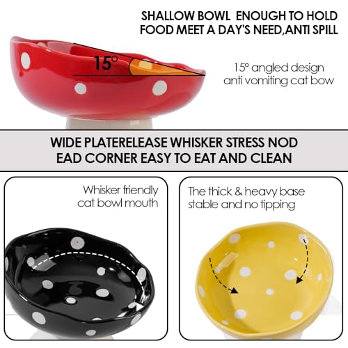 Black Mushroom Cat Bowl, Elevated Ceramic Bowl for Cats | Elevated, Ceramic, Whisker Friendly, Anti Vomitin,Cute Mushroom Design - color: Black