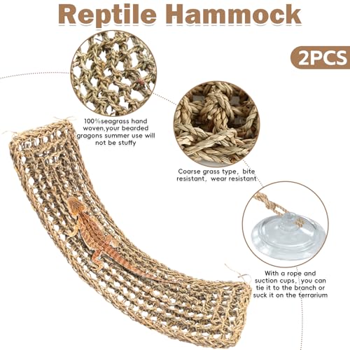kathson Bearded Dragon Hammock, Natural Seagrass Reptile Hammock, Reptile Lounger Bearded Dragon Tank Accessories for Chameleons, Lizards, Geckos, Snakes, Lguana Reptiles, Geckos (29.52 x 7.08 inches)