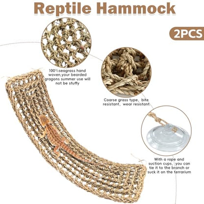 kathson Bearded Dragon Hammock, Natural Seagrass Reptile Hammock, Reptile Lounger Bearded Dragon Tank Accessories for Chameleons, Lizards, Geckos, Snakes, Lguana Reptiles, Geckos (29.52 x 7.08 inches)