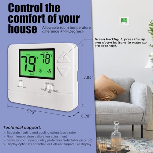 Heagstat H701 Non-Programmable Thermostat for Home up to 1 Heat/1 Cool | Manual Operation COOL & HEAT, Green Backlight - color: Green Backlight