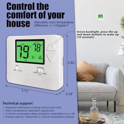 Heagstat H701 Non-Programmable Thermostat for Home up to 1 Heat/1 Cool | Manual Operation COOL & HEAT, Green Backlight - color: Green Backlight