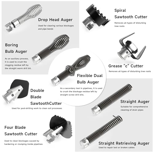 10PCS Drain Cleaning Kit, Clog Removal Set with Heavy-Duty Plunger, Auger Snake, Wrench & Tools for 5/16-inch to 3/4-inch Drain Snake Cable – for Sink, Toilet, Shower & Drainpipes
