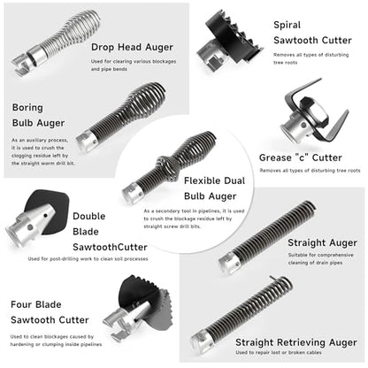 10PCS Drain Cleaning Kit, Clog Removal Set with Heavy-Duty Plunger, Auger Snake, Wrench & Tools for 5/16-inch to 3/4-inch Drain Snake Cable – for Sink, Toilet, Shower & Drainpipes