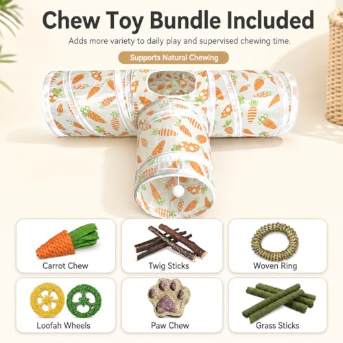 Rabbit Tunnel Toy, Collapsible 3-Way Hideout Tunnel with Chew Toys for Rabbits, Guinea Pigs, Ferrets, Kittens & Small Pets - Orange & White Carrot Design (33"x20"x9.5") - color: Orange