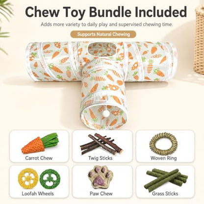 Rabbit Tunnel Toy, Collapsible 3-Way Hideout Tunnel with Chew Toys for Rabbits, Guinea Pigs, Ferrets, Kittens & Small Pets - Orange & White Carrot Design (33"x20"x9.5") - color: Orange