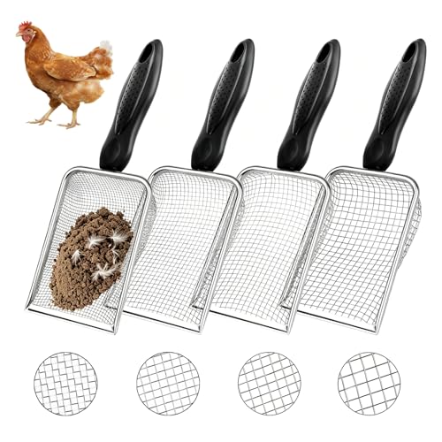 4 Pack Chicken Poop Scooper, 4" Metal Mesh Shovel | 2.0mm/2.8mm/3.8mm/5mm Holes, Chicken Coop Rake for Sand Litter, Suitable for Chickens, Cats, Rabbits, Hamsters & Reptiles - size: 4" 4 Set