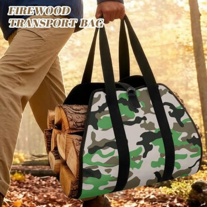 Woodland Camo Print Firewood Transport Bag Log Storage Tote | Large Capacity, Padded Handles, Open-Ended Design, Fits Home Fireplace, Camping Travel Backyard Gatherings - color: Classic Woodland Light Camo Print