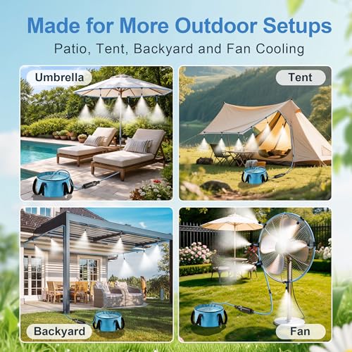 Portable Misting System for Outdoor Cooling, 23 FT Misters for Outside Patio with Rechargeable Pump, 30L Water Bag, 6 Adjustable Nozzles for Tent, Canopy, Backyard, Umbrella and Camping