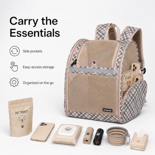 Cat Backpack Carrier for Small Dogs and Medium cat Puppy Kitten Bunny Pet Carrier Backpack Collapsible with Fully Ventilated Mesh with Safety Leash (Khaki, 12.9" L x 10.62" W x 15.5" H - M) - color: Khaki, size: Medium