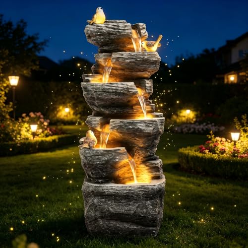 39.4" 6-Tier Cascading Rock Outdoor Fountain LED Bird Waterfall | hand-carved stone with birds, garden patio porch backyard - color: 39.4"h Gray