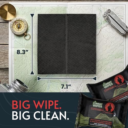 COMBAT WIPES Commando Black camping wipes – biodegradable wipes & full body wipes for Military, Hunting & body wipes travel – Unscented, (75 Count (3 Pack) - style: 75 Count (3 Pack)