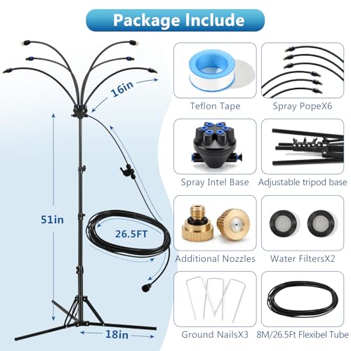 6-Nozzle Adjustable Standing Misters for Outside Patio - Stand Misting System for Cooling Outdoor Areas, Easy to Install & Maintain, Custom Coverage, Durable for Backyard Use.