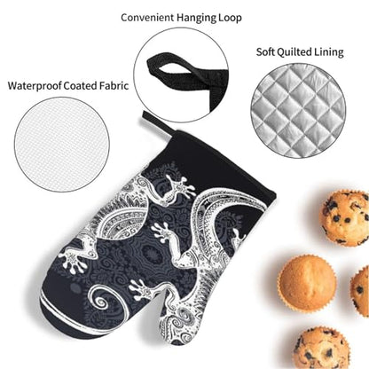 Gecko Lizard Abstract Reptile Animal Herpetology1 4-Piece Oven Mitts and Handle Covers Set - Heat Resistant Baking Gloves for Kitchen BBQ Grilling