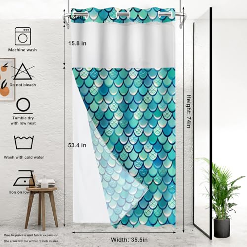 Turquoise Fish Scale Pattern No Hooks Shower Curtain with Snap in Liner Set, Blue Mermaid Scale Texture Tub Curtainn Mesh Top Window & Magnetic Hem Waterproof 35.5X74 Inch - color: Fish Scale 1 Blue03, size: 35.4"W x 74"L (Pack of 1)