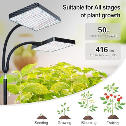 2Head Grow Light with Stand, 50 Watt Grow Lights for Indoor Plants, Natural Sunlight Full Spectrum Plant Growing Lamps for Tall Houseplants & Bonsai Tree, 4/8/12/16/20H 5-Mode Timer - size: 2Head Stand(50W)