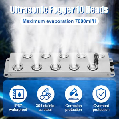 Ultrasonic Mist Maker Fogger 10 Heads, 9000ml/H 400W Pond Fogger with Float, IP67 Waterproof Power Supply, 304 Stainless Steel Ultrasonic Mister with Auto Shut-Off for Pond,Fountain,Garden,Halloween - size: 10 HEAD