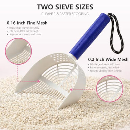 Cat Litter Scoop with Holder, 3 in 1 Metal Kitty Scooper | Heavy Duty Deep Litter Sifter with Dustpan & Mini Broom, Dual Coarse & Fine Grid, Quick Sift, Universal for All Cat Litter - color: Dark Blue, size: Large