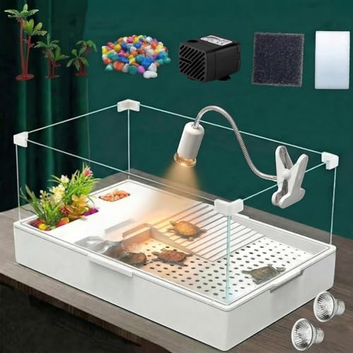 Turtle Tank Kit with Light and Water Pump, Small Turtle Habitat Starter Kit | Easy-Clean Starter Habitat with Basking Platform for Baby Turtles, Small Reptiles, Terrapins and Hermit Crabs - size: Medium Complete Kit