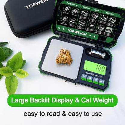 Pocket Scale, Dual Powered, Precision Gram Scale with Zipper Case | Digital Small Coin Scale, Large Backlight Display, 500g x 0.01g, 6 Weighing Units,Cal Weight, USB Cable Included - color: Green