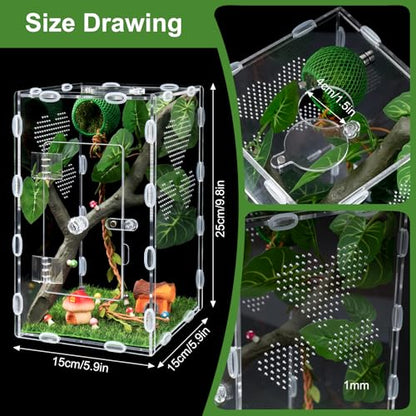 Jumping Spider Enclosure,6x6x10 in Spider Enclosure Easy Assembly with DIY Jumping Spider Accessories Front Opening Bug Habitat with Feeding Port for Mantises,Spiders,Insects