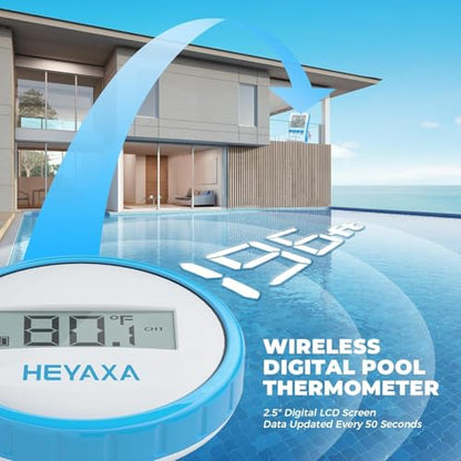 HEYAXA Wireless Pool Thermometer, IPX8 Waterproof Floating Digital Pool Thermometer with Easy-to-Read Large Display, Wireless Water Temperature Monitor for Swimming Pool, Hot Tub, Spa, Pond & Aquarium
