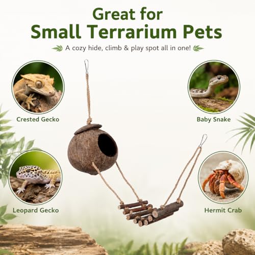 Hanging Coconut Hide for Crested Hide Hut with Climbing Ladder, Natural Shell Cave Hideout for Leopard Reptiles