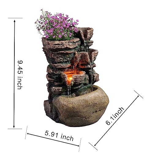 Haobos Indoor Fountain 4-Bowl Rockery Soothing Sound Tabletop Fountains Home/Office Decor with a Small Plastic Pot to Grow The Plant by Yourself(Automatic Watering)