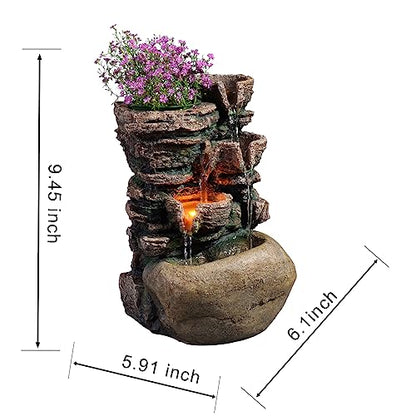 Haobos Indoor Fountain 4-Bowl Rockery Soothing Sound Tabletop Fountains Home/Office Decor with a Small Plastic Pot to Grow The Plant by Yourself(Automatic Watering)