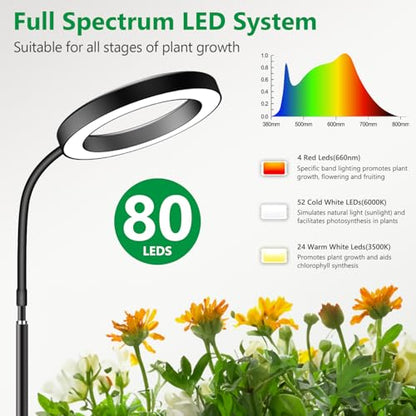 Aumtrly Black Grow Lights for Indoor Plants, Full Spectrum, with 68" Stand | 6/12/16H Timer, 5 Dimming Levels, 80 LED Halo, Floor Growing Lamp for Large Tall Plants with Flexible Gooseneck, Metal Base - size: 1 head 68inch/black