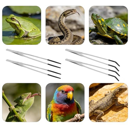4pcs Reptile Feeding Tongs, Stainless Steel Straight Curved Aquarium Feeder Tweezers Tools with Rubber Tips for Bearded Dragons Snake Lizards Gecko