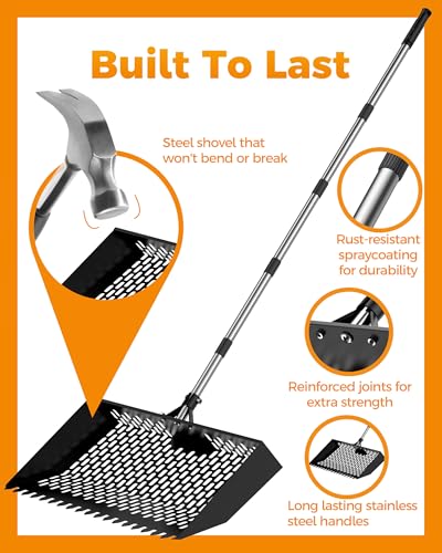 15 inches Large Chicken Poop Scooper & Rake 2-in-1, Adjustable Chicken Coop Pooper Shovel (37 to 77"), Sifting Litter Shovel Scoop for Chicken Coop/Goat Stall/Stable Cleaning Tool - size: New Style - 15 inch