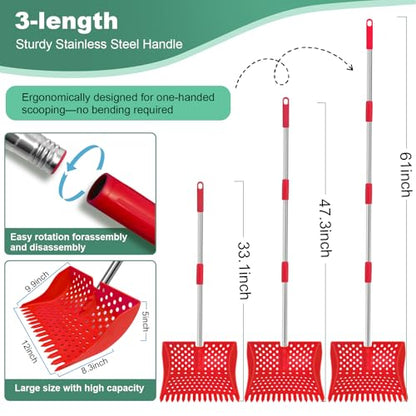 12" 2-in-1 Chicken Poop Scooper & Rake, 3-Shape Sifting Holes Chicken Coop Rake, Stainless Steel Handle (20–61") - Litter Scooper & Sand Sifting Shovel (U.S. Patent No. D1124534) - Red - color: Red