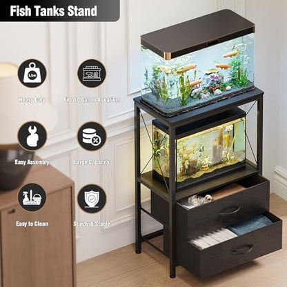 10 Gallon Aquarium Stand with 2 Drawers, Black | 10 Gallon Fish Tank Stand; 2-Tier Storage Shelf; Heavy-Duty Metal Frame; Reptile & Turtle Tank Stand; Black Finish - color: Black