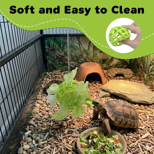 Feeder Ball with Chain for Rabbits Hamsters Turtles Reptile Enrichment Toy | 2 Pack, Durable Silicone Ball, Stainless Steel Chain, Foraging Toy, Hay Vegetable Holder, for Reptile Enclosure & Habitats