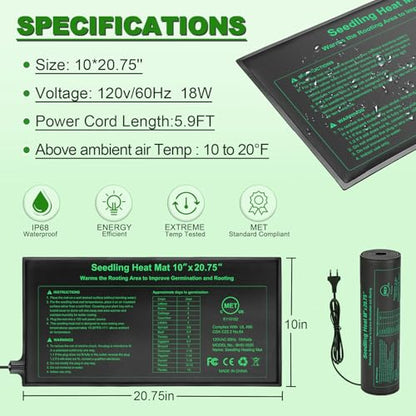 Bestio Waterproof Seeding Heat Mat 10"x 20.75", 4 Pack Durable Heat Mats for Seed Starting, UL & MET-Certified Plant Heating Pad, Indoor Gardening, Greenhouse - size: 10" x 20.75"- 4 Pack