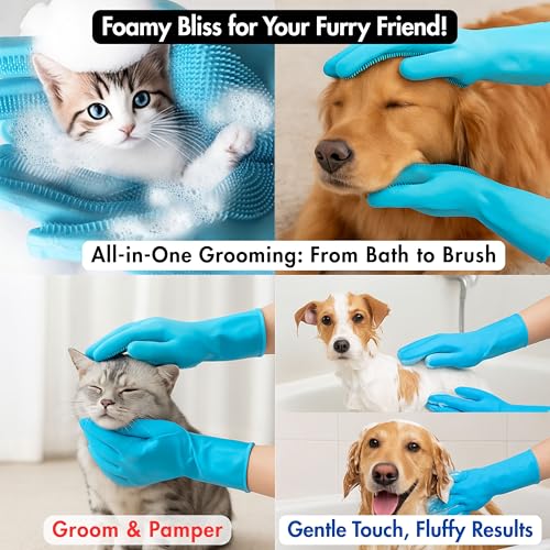 #1 Reusable Silicone Bath & Grooming Gloves – 2-in-1 Deshedding Mitts for Dogs, Cats & Rabbits | Safe Non-Electric Hair Remover | Quick Foam, Massage & Easy Clean