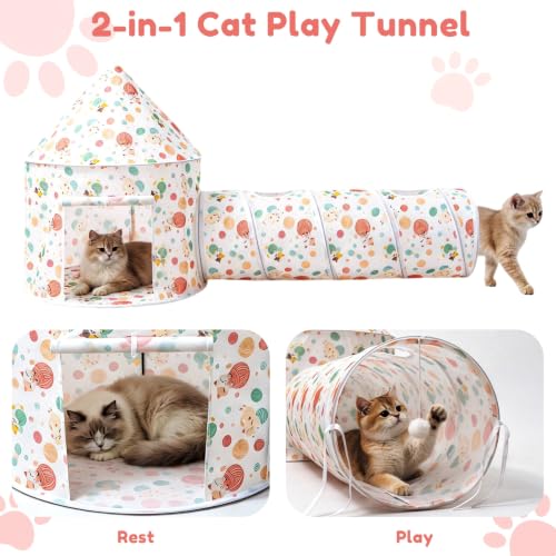 2-in-1 Cat Play Set, Pop-Up Cat Tunnel Rest Hut with Plush Ball Toys | Collapsible Cat Toys Combo with Tent & Ball for Indoor Tunnel, Hiding & Lounging，Suitable forca, dogs, rabbits. Perfect toy. - color: White