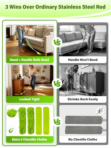 Bend-Free Gap Dust Cleaner Cleaning Tools Washable Flat Duster Brush with 4 Microfiber Chenille Dusting Cloths Long Handle 56 inches for Cleaning Under Appliances Furniture Couch Bed Fridge