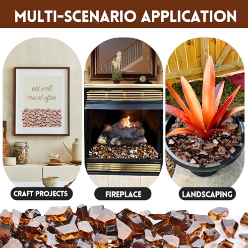 10 Pounds Fire Glass 1/2 Inch High Reflective Tempered Firepit Glass | Amber Rocks for Fireplace, Fire Pit Table, Fire Bowl and Landscaping & DIY Crafts - color: Amber, size: 1/2 inch, 10lb